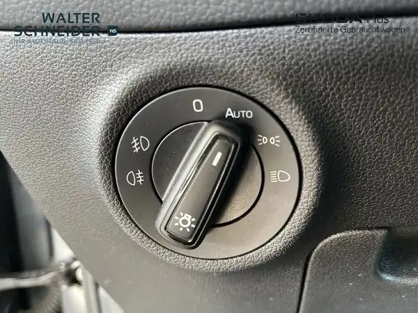 Details von innen des Fahrzeugs, insbesondere eine Steuerungseinheit mit Beleuchtungseinstellungen, in schwarzer Farbe.