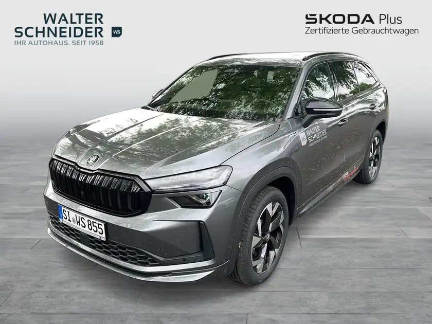 Das Bild zeigt einen grauen ŠKODA KODIAQ von der Seite, eingebettet in eine Anzeige mit dem Händlerlogo Walter Schneider.