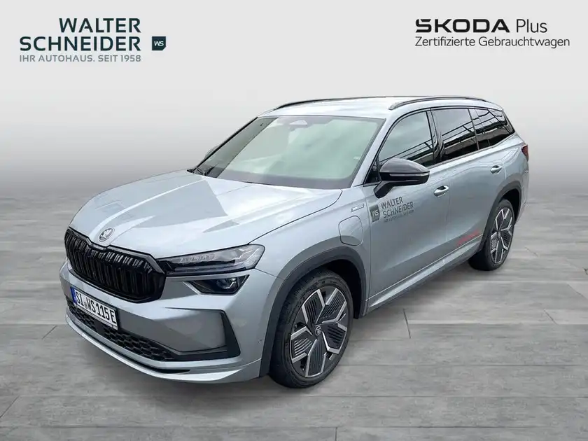 Das Bild zeigt einen silberfarbenen ŠKODA KODIAQ von der Seite. Es ist ein Fahrzeugbild mit Händlerlogo und markanten Texteinblendungen.