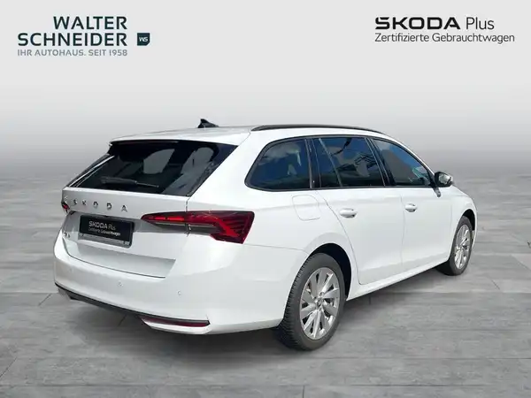 Ein Bild eines weißen ŠKODA OCTAVIA von hinten, mit dem Händlerlogo von Walter Schneider sichtbar.