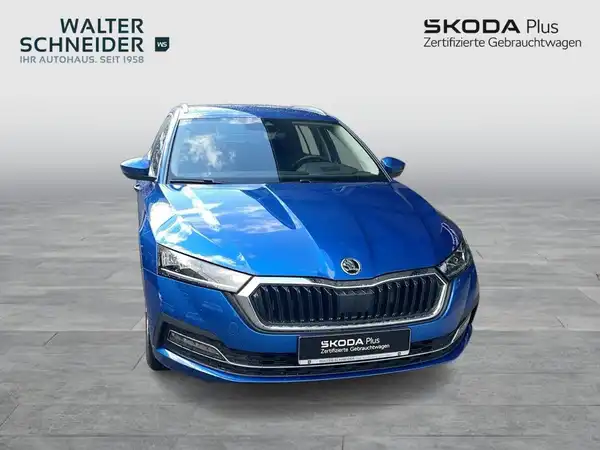 Das Bild zeigt einen blauen ŠKODA OCTAVIA aus der Frontansicht, mit dem Händlerlogo 'WALTER SCHNEIDER' und dem Slogan 'SKODA Plus'.