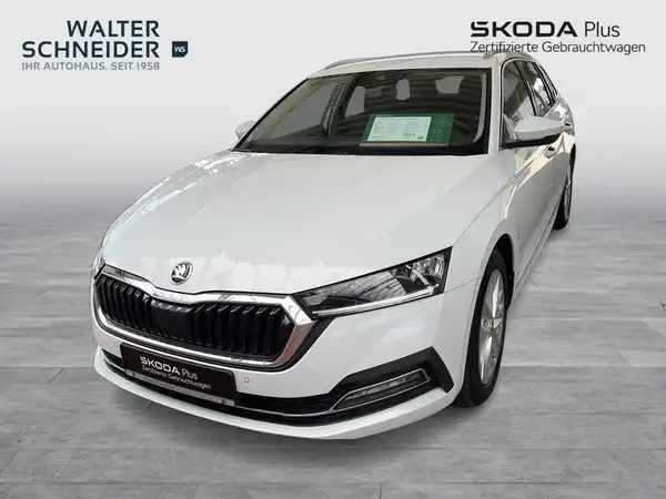 Das Bild zeigt einen weißen ŠKODA OCTAVIA von vorne. Im Hintergrund ist das Händlerlogo von Walter Schneider zu sehen, sowie ein Info-Banner über den Fahrzeugzustand.