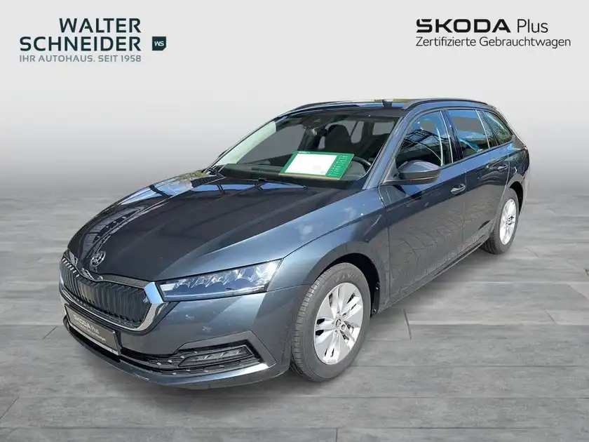 Ein Bild eines ŠKODA OCTAVIA von vorne, in grauer Farbe, mit dem Händlerlogo und markanten Texteinblendungen.