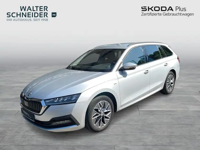 Das Bild zeigt einen ŠKODA OCTAVIA von der Seite in silberner Farbe. Es ist ein Fahrzeugbild mit einem Händlerlogo von 'Walter Schneider' und weiterer Textinformationen.