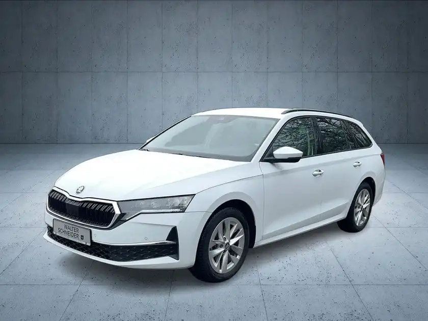 Das Bild zeigt einen weißen ŠKODA OCTAVIA von der Seite in einer neutralen Umgebung.