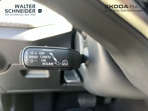 Das Bild zeigt eine Innenaufnahme des Fahrzeugs, speziell einen Schaltknopf der Geschwindigkeitsregelung in schwarzer Farbe. Es sind sowohl das Händlerlogo als auch markante Texteinblendungen zu sehen.