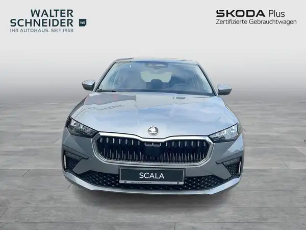 Das Bild zeigt einen grauen ŠKODA SCALA von vorne mit dem Händlerlogo Walter Schneider und zusätzlichem Text.