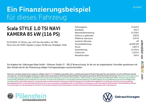 Das Bild zeigt ein Finanzierungsbeispiel für das Fahrzeug ŠKODA Scala STYLE 1.0 TSI NAVI. Es enthält Angaben zu Preisen, monatlichen Raten und anderen relevanten Finanzierungsdetails.