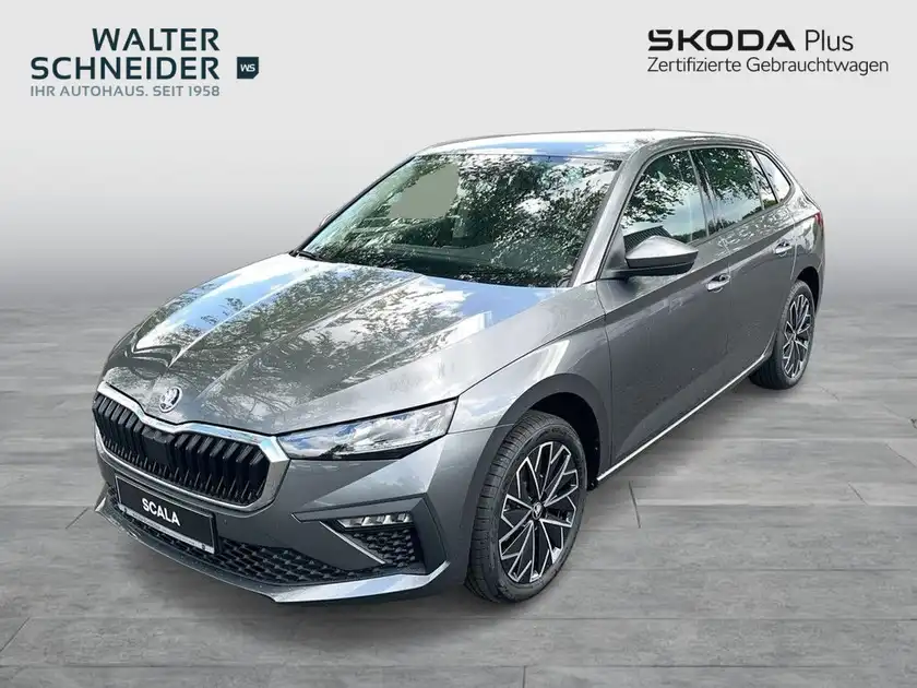 Das Bild zeigt einen grauen ŠKODA SCALA von der Seite. Im Hintergrund ist das Händlerlogo "WALTER SCHNEIDER" sichtbar, sowie zusätzliche Texteinblendungen bezüglich des Fahrzeugs.