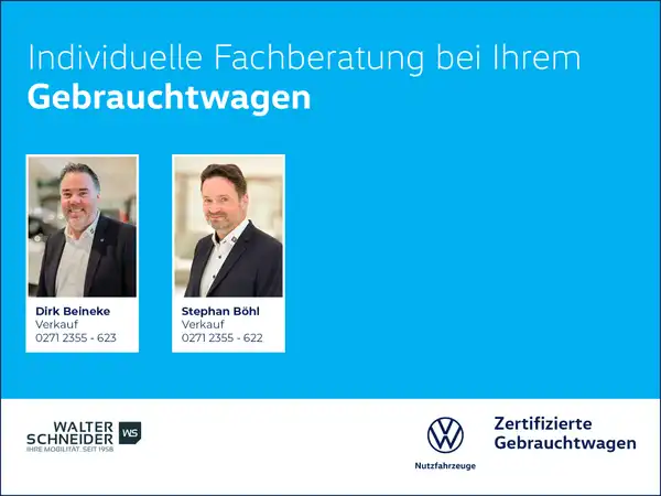 Das Bild ist ein Banner für individuelle Fachberatung bei nützlichen gebrauchten Fahrzeugen, enthält mehrere Bilder von Beratern und Textinformationen.
