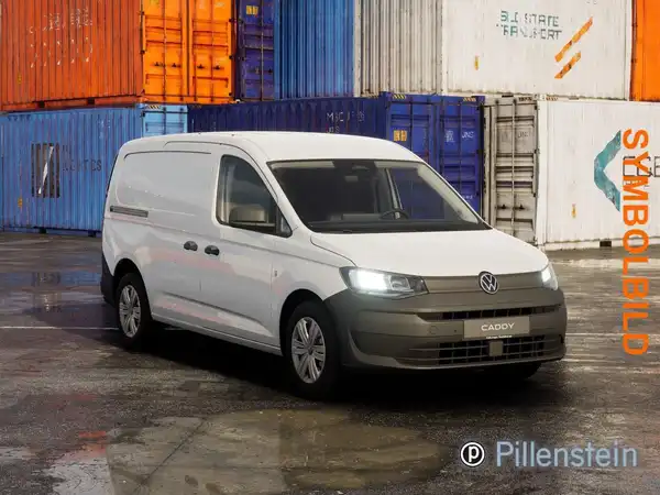 Das Bild zeigt einen weißen VW Caddy von der Seite. Es enthält das Händlerlogo und auffällige Texteinblendungen.