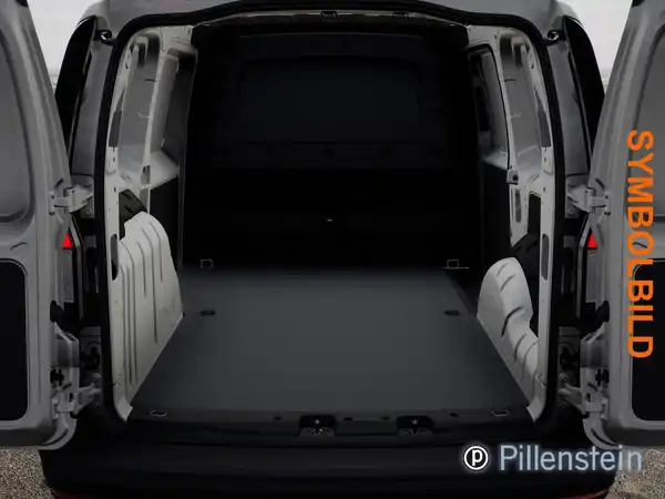 Das Bild zeigt den Innenraum des VW Caddy, speziell den Laderaum, aufgenommen von hinten. Es ist ein symbolisches Bild mit prominenter Texteinblendung."