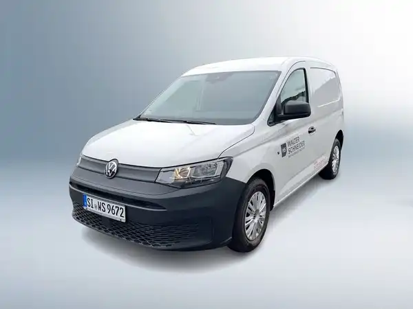 Das Bild zeigt einen weißen VW Caddy von der Seite. Es enthält das Händlerlogo 'Walter Schneider' und einige markante Texteinblendungen.