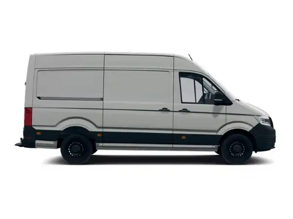 Das Bild zeigt einen VW Crafter von der Seitenansicht, das Fahrzeug ist weiß.