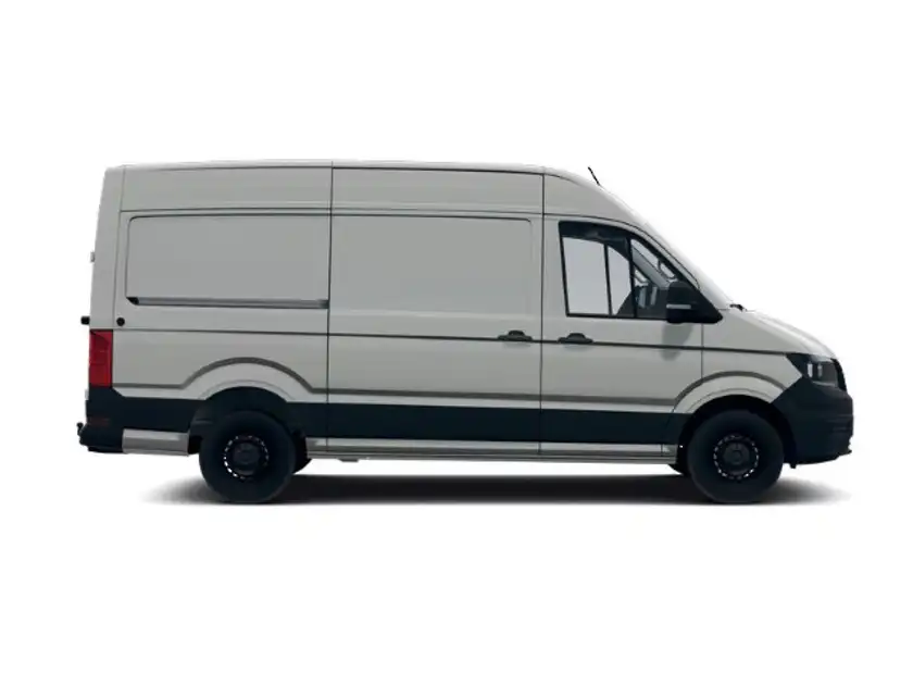 Das Bild zeigt einen grauen VW Crafter, aufgenommen von der Seite. Es sind keine Händlerlogos oder markanten Texteinblendungen sichtbar.