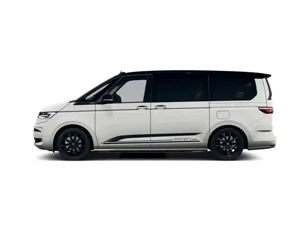 Seitenansicht eines weißen VW Multivan, sieht modern und sportlich aus.