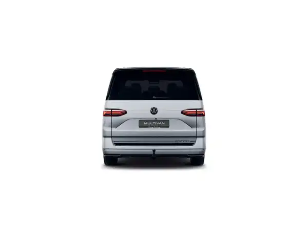 Das Bild zeigt den Rückansicht eines weißen VW Multivan.