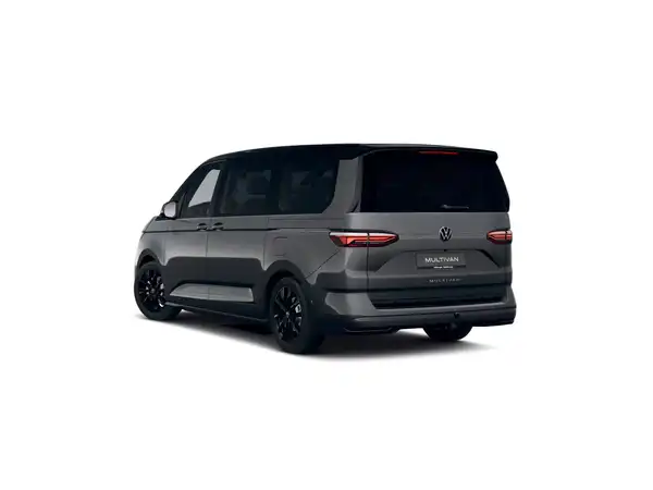 Das Bild zeigt einen VW Multivan in grau, aufgenommen von hinten.