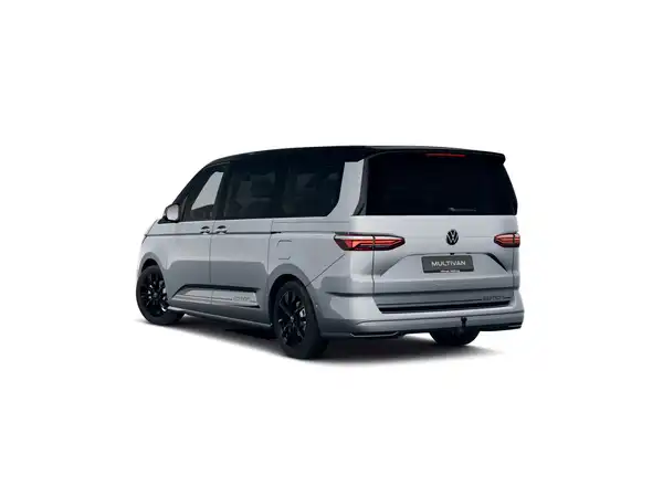 Das Bild zeigt einen VW Multivan Edition von hinten, in silberner Farbe.