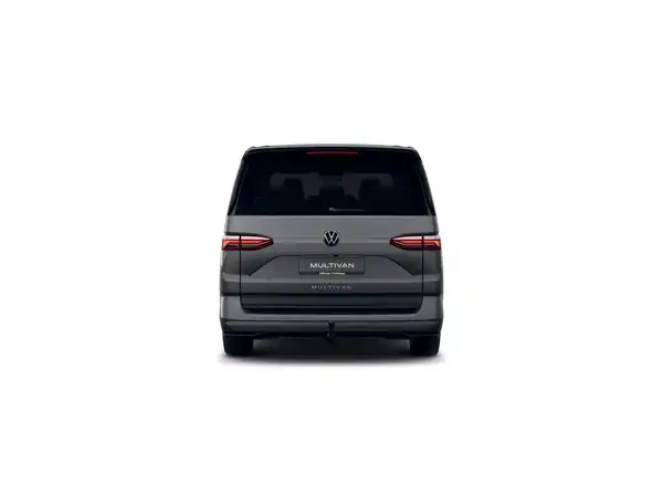 Das Bild zeigt die Rückansicht eines grauen VW Multivan.