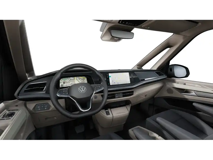 Das Bild zeigt das Innere eines VW Multivan mit einem modernen Armaturenbrett und schwarzfarbenem Interieur.
