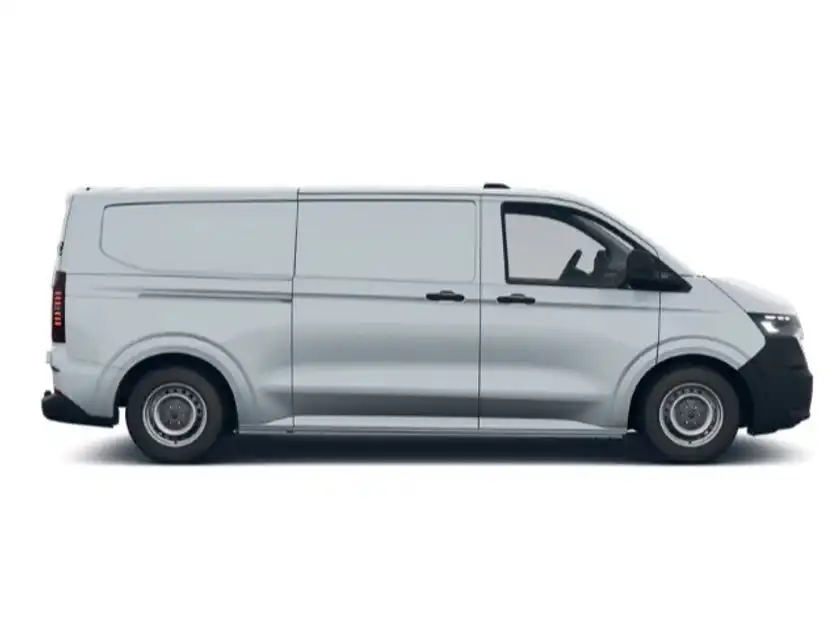 Das Bild zeigt einen VW Transporter Kasten im Profil, in silberner Farbe.