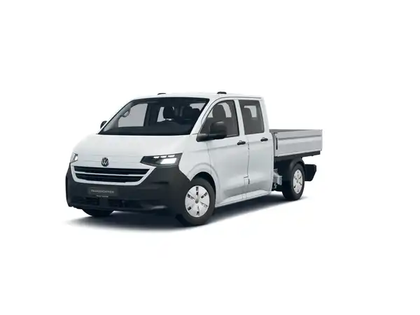 Das Bild zeigt einen VW Der Neue Transporter Pritsche von der Seite in weißer Farbe. Es sind Händlerlogos sichtbar.