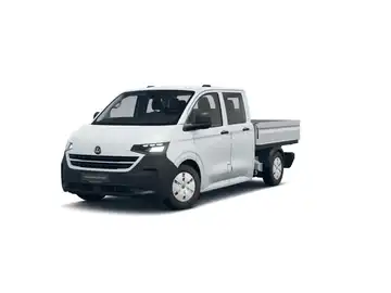 Das Bild zeigt einen VW Der Neue Transporter Pritsche von der Seite in weißer Farbe. Es sind Händlerlogos sichtbar.