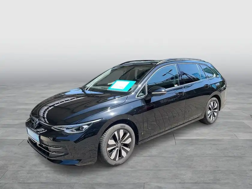 Das Bild zeigt einen schwarzen VW Golf Variant aus der Seitenansicht. Es enthält markante Texteinblendungen.