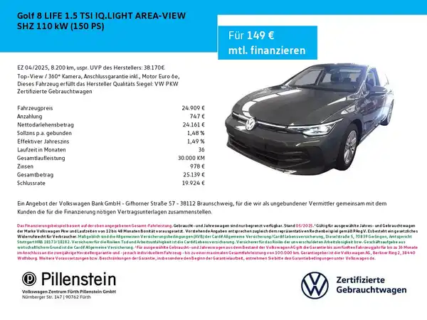 Das Bild zeigt einen VW Golf 8 in schwarz, aufgenommen von vorne. Es handelt sich um eine Anzeige mit Finanzierungsdetails für 267 € mtl.