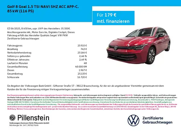 Das Bild zeigt einen roten VW Golf 8 von der Seite, begleitet von Finanzierungsdetails und dem Händlerlogo.