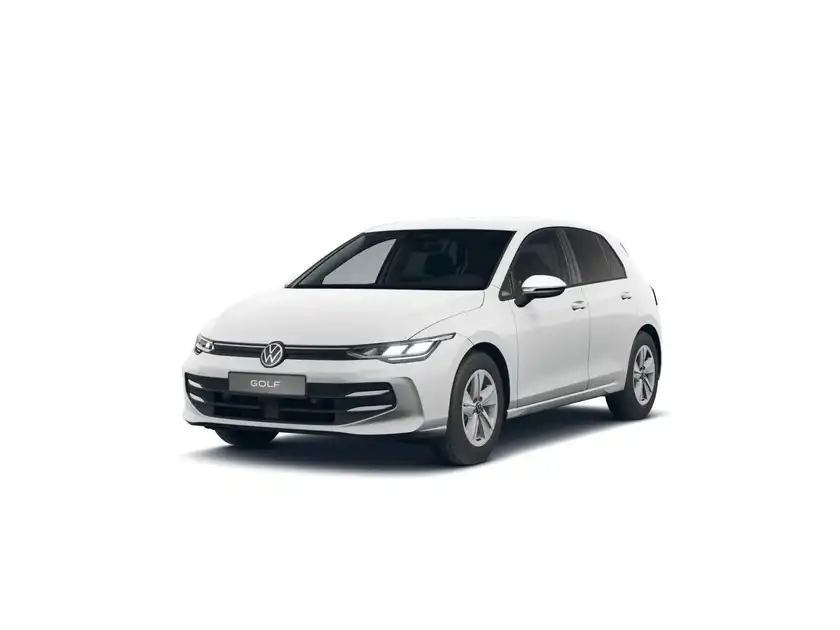 Das Bild zeigt einen weißen VW Golf, aufgenommen von vorne.