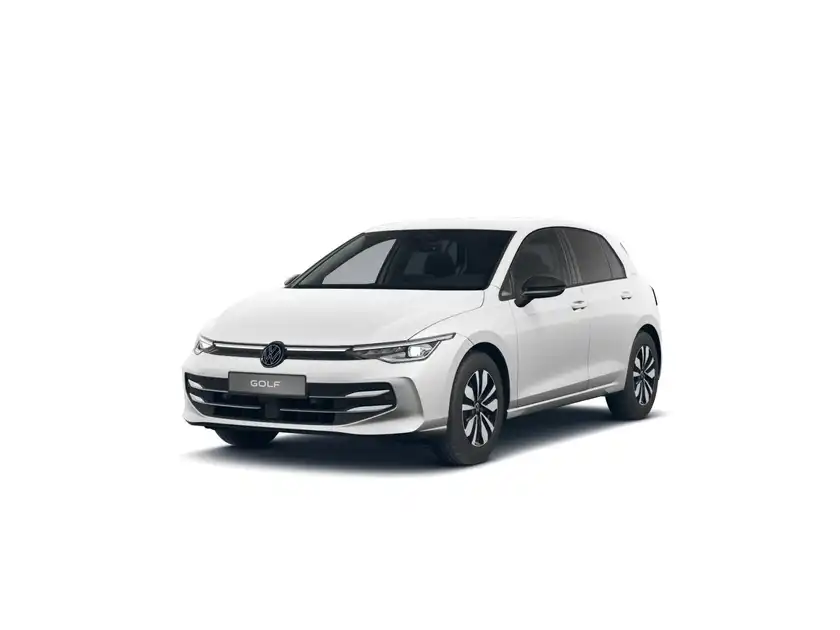 Das Bild zeigt einen weißen VW Golf von vorne.