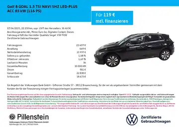Das Bild zeigt ein VW Golf 8 in der Seitenansicht auf einem Finanzierungsangebot. Das Fahrzeug ist schwarz und das Bild enthält markante Texteinblendungen.