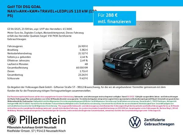 Das Bild zeigt einen schwarzen VW Golf von der Seite mit einem Händlerlogo und enthält Finanzierungsdetails.