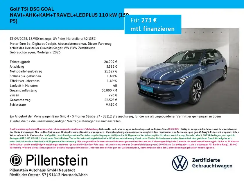 Das Bild zeigt einen blauen VW Golf von der Seite. Es enthält Finanzierungsdetails und das Händlerlogo von Pillenstein.