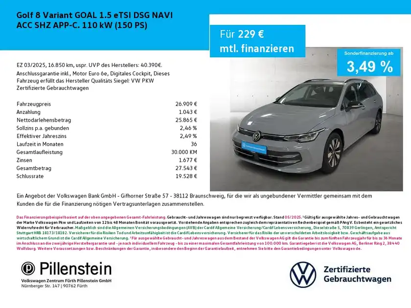 Das Bild zeigt einen silbernen VW Golf Variant von der Seite, kombiniert mit Finanzierungsdetails und Händlerinformationen. Es enthält markante Texteinblendungen, darunter Finanzierungsangebote und Händlerlogos.