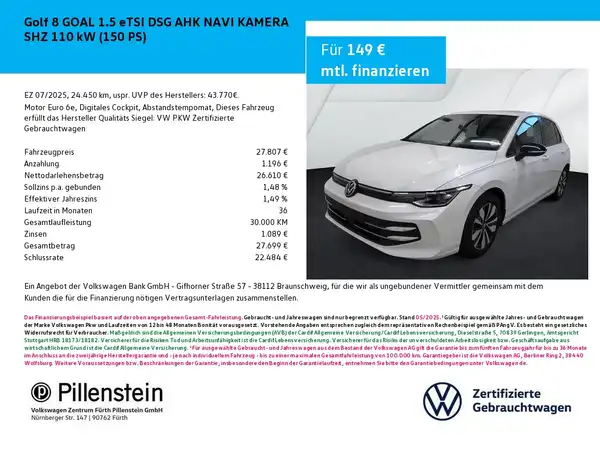 Das Bild zeigt einen weißen VW Golf 8 von vorne, begleitet von einer Anzeige für Finanzierungsdetails. Das Händlerschild 'Pillenstein' ist sichtbar.