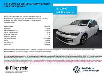 Das Bild zeigt einen weißen VW Golf 8 von vorne, begleitet von einer Anzeige für Finanzierungsdetails. Das Händlerschild 'Pillenstein' ist sichtbar.