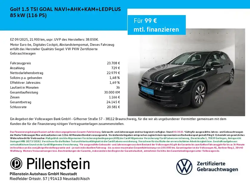 Das Bild zeigt einen schwarzen VW Golf von der Seite mit einer Anzeige für Finanzierungsmöglichkeiten. Es enthält das Händelerlogo und detaillierte Informationen zu Preisen und Ausstattung.