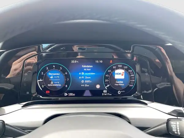 Das Bild zeigt das Innenraumdisplay eines Fahrzeugs, das die Fahrzeugparameter anzeigt, wie Temperatur und Geschwindigkeit. Der Innenraum ist in schwarzer Farbe gehalten.