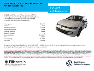 Das Bild zeigt einen weißen VW Golf 8, aufgenommen von vorne. Es handelt sich um eine Anzeige mit Finanzierungsdetails und dem Händlerlogo von Pillenstein.