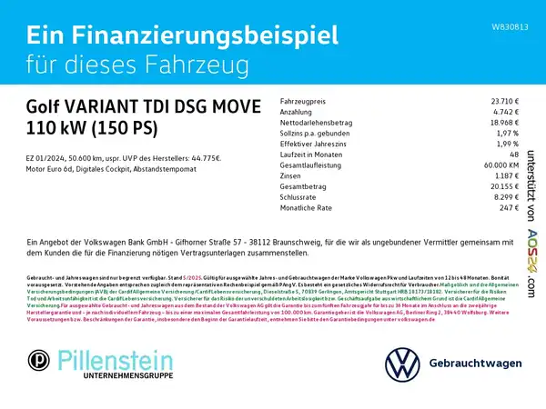 Das Bild zeigt ein Finanzierungsbeispiel für einen VW Golf Variant TDI DSG MOVE (110 kW, 150 PS) und enthält verschiedene Finanzierungsdetails sowie das Händlerlogo.