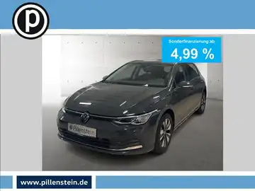 Das Bild zeigt einen grauen VW Golf von vorne. Es enthält das Händlerlogo und markante Texteinblendungen zur Finanzierung.