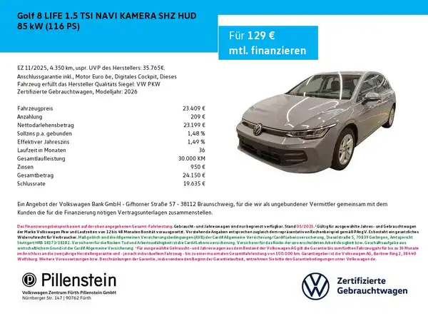 Das Bild zeigt einen VW Golf 8 LIFE von der Seite in Silber, mit Finanzierungsdetails und dem Händlerlogo Pillenstein.
