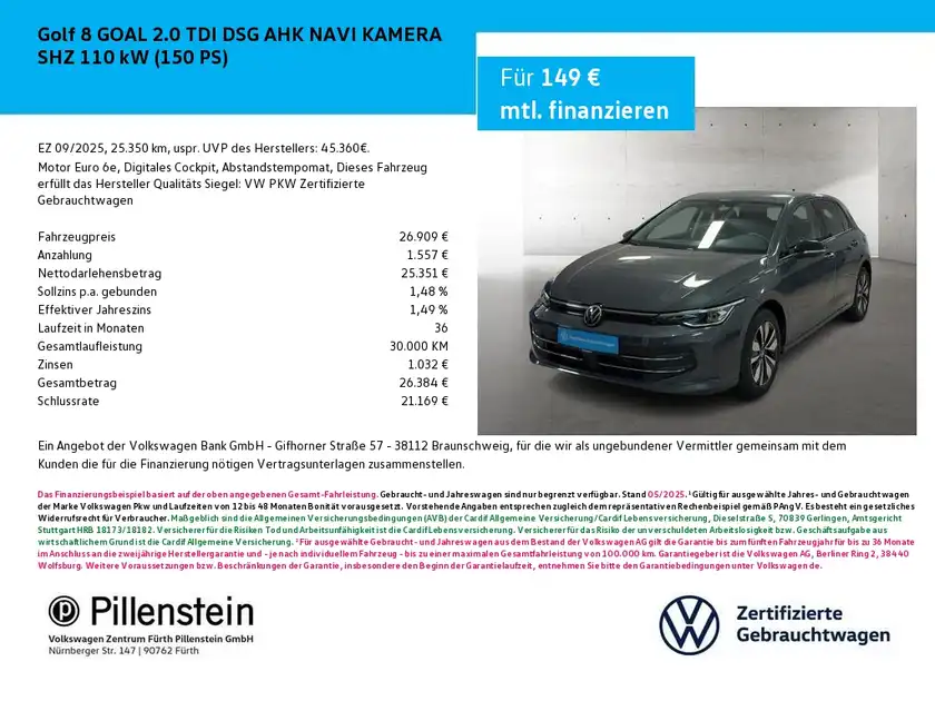Das Bild zeigt einen grauen VW Golf 8 von der Seite, umgeben von Finanzierungs- und Leasingdetails sowie Händlerinformationen.