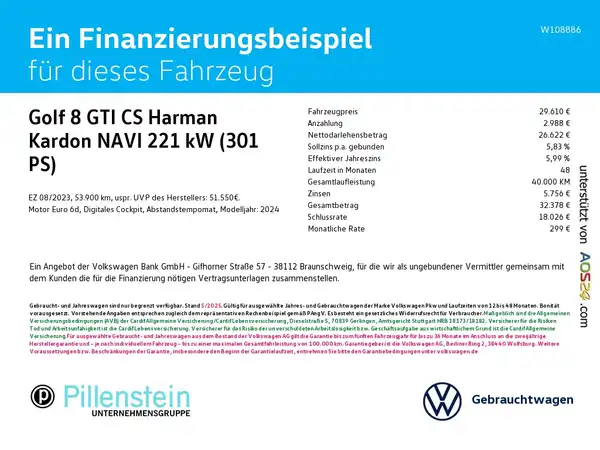 Das Bild zeigt ein Finanzierungsbeispiel für einen VW Golf 8 GTI, inklusive Details zu den Kosten und Bedingungen.