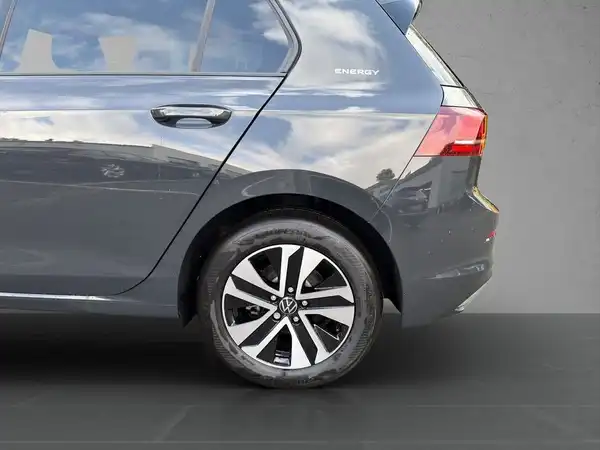 Das Bild zeigt einen grauen VW Golf von der Seite.