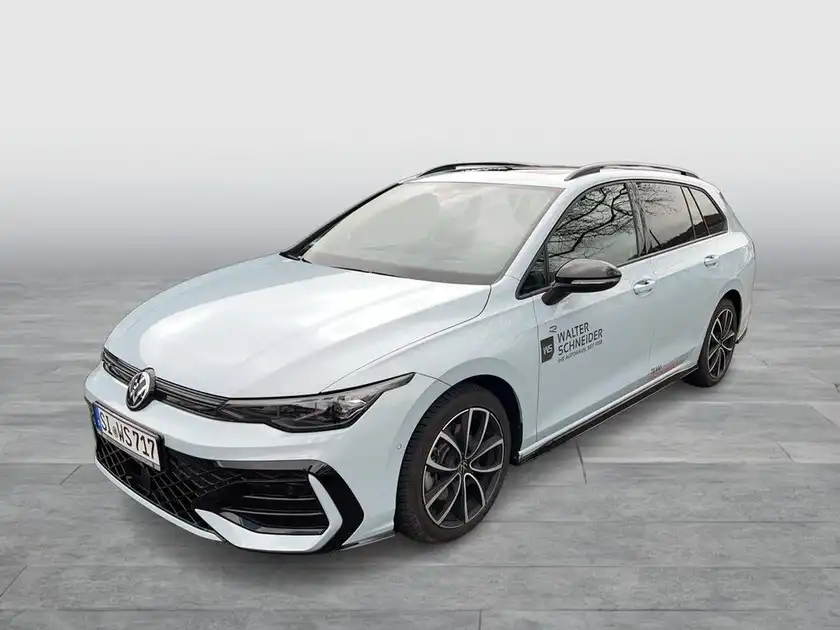 Bild eines weißen VW Golf Variant, aufgenommen von der Seite, mit Händlerinformationen im unteren Bereich.