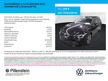 Das Bild zeigt einen VW Golf 8 in schwarz, aufgenommen von vorne. Es handelt sich um eine Anzeige mit Finanzierungsdetails und dem Händlerlogo.